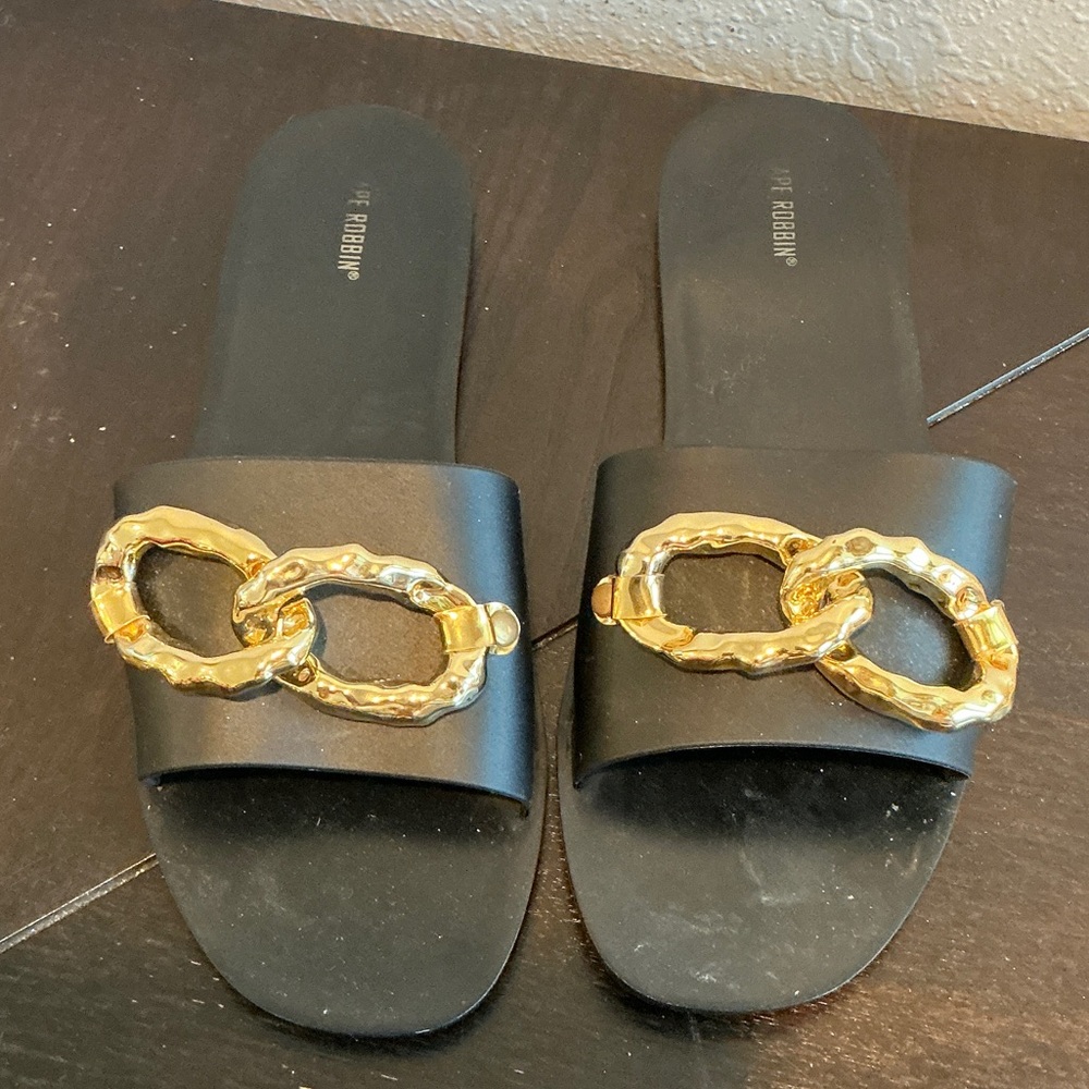 Black Sandals with Gold Chain Detail Size 9